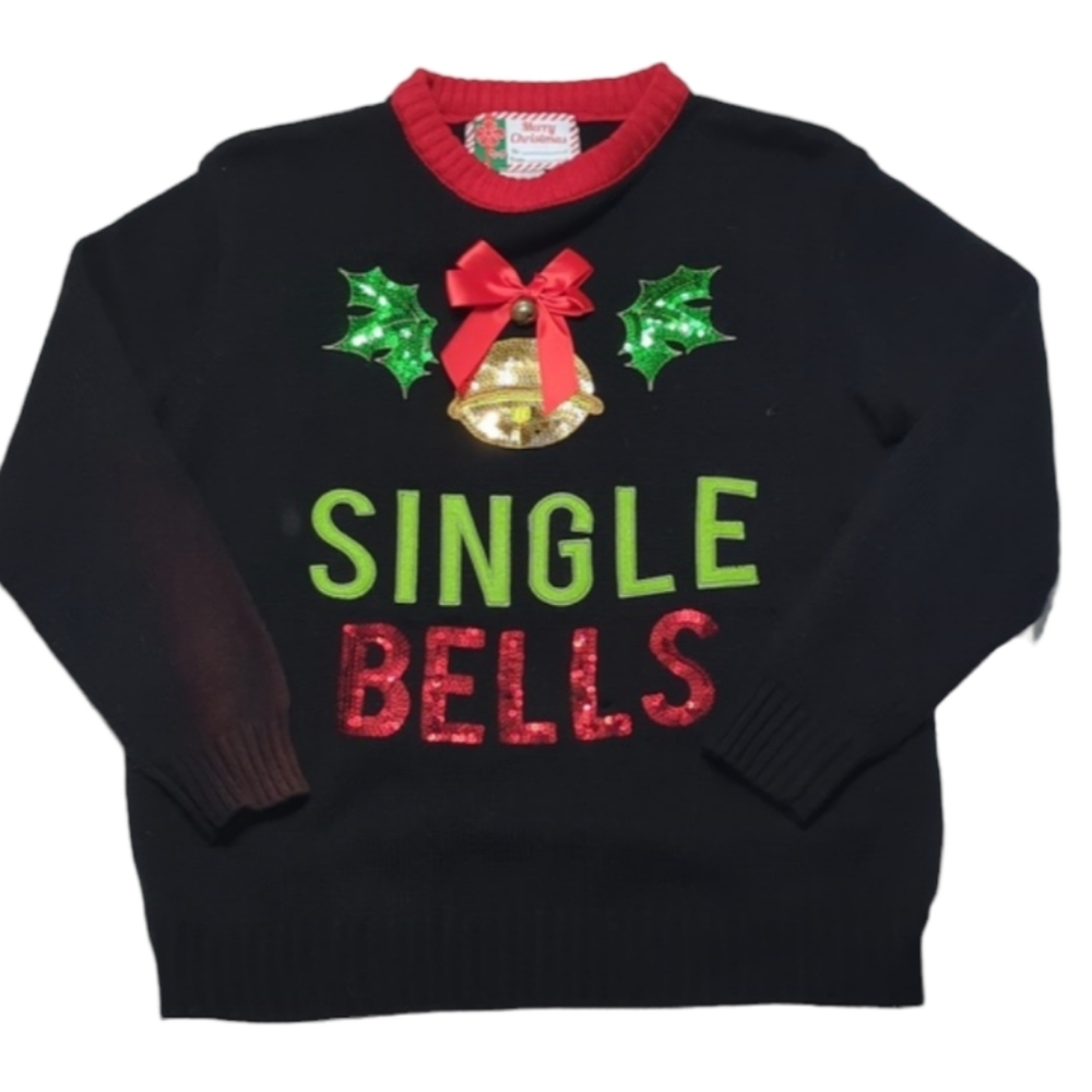 UGLY Christmas Sweater Womens Pullover Single Bells Sequins Jingle Bells Large